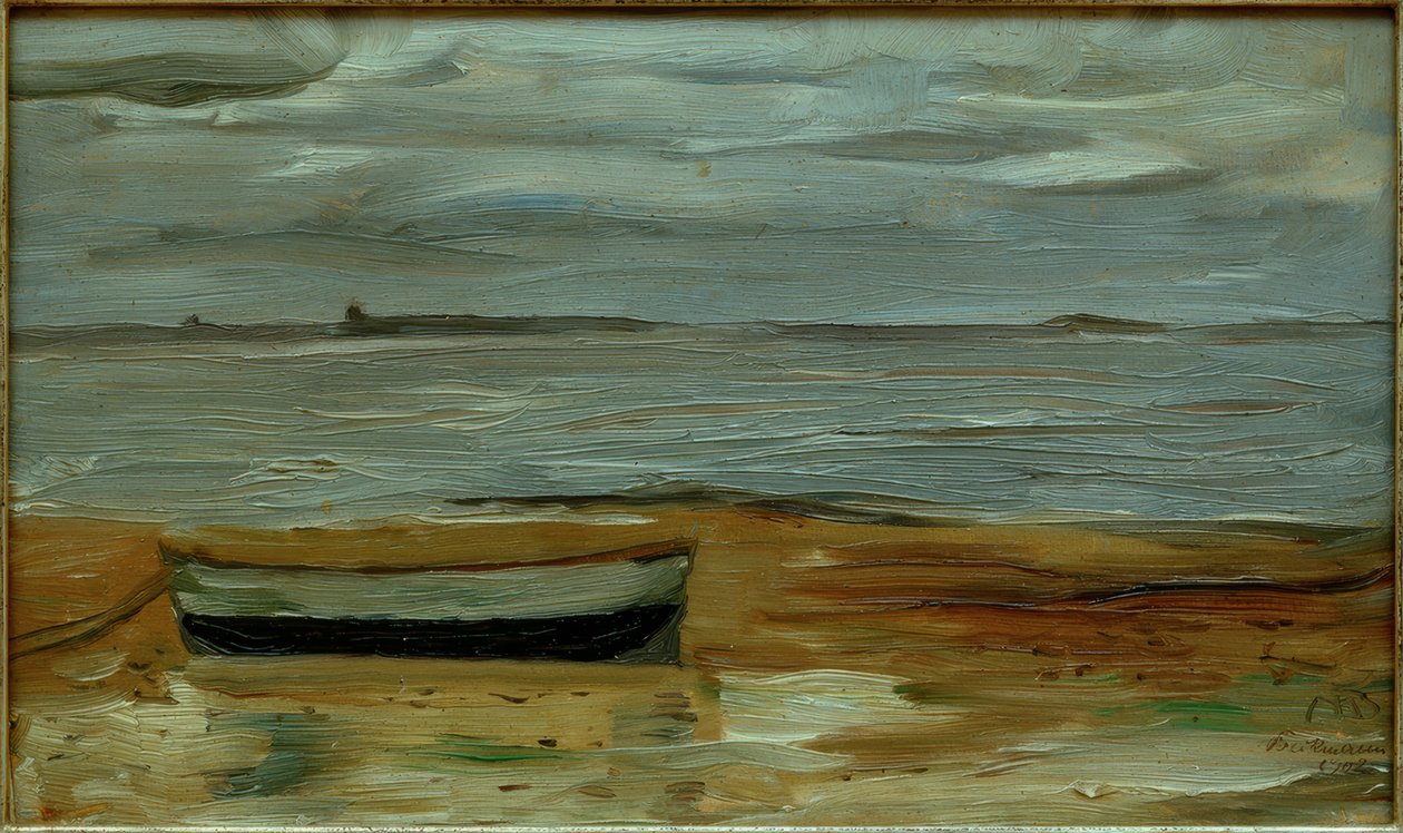 Strand mit grauem Kahn und grauem Meer von Max Beckmann