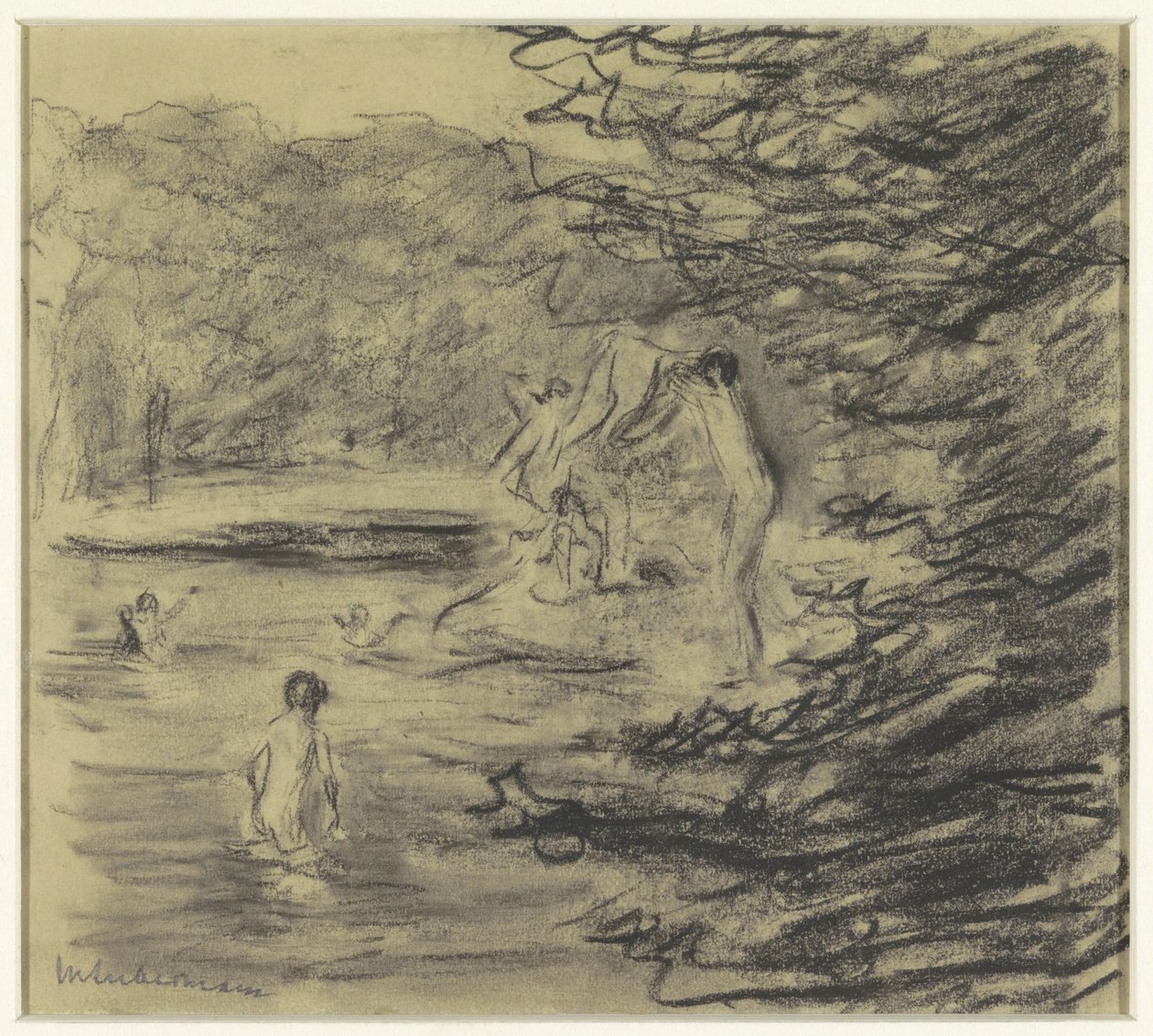 Badende Jungen in einem Waldteich von Max Liebermann