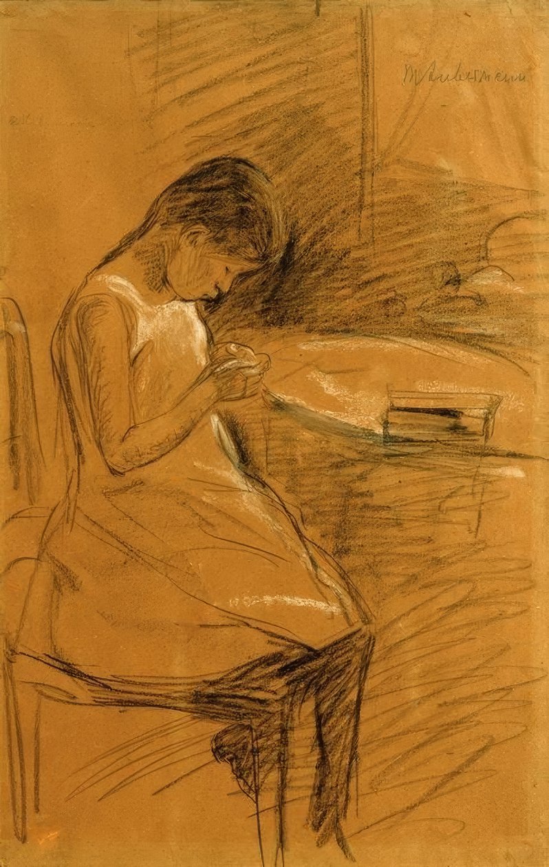 Die Tochter des Künstlers, nähend von Max Liebermann