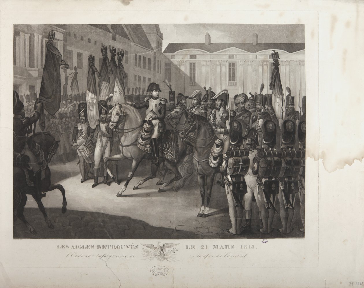 Der Kaiser überprüft seine Truppen am Carrousel, 21. März 1815, graviert von Moreau von Maximilien Pierre Kepfer