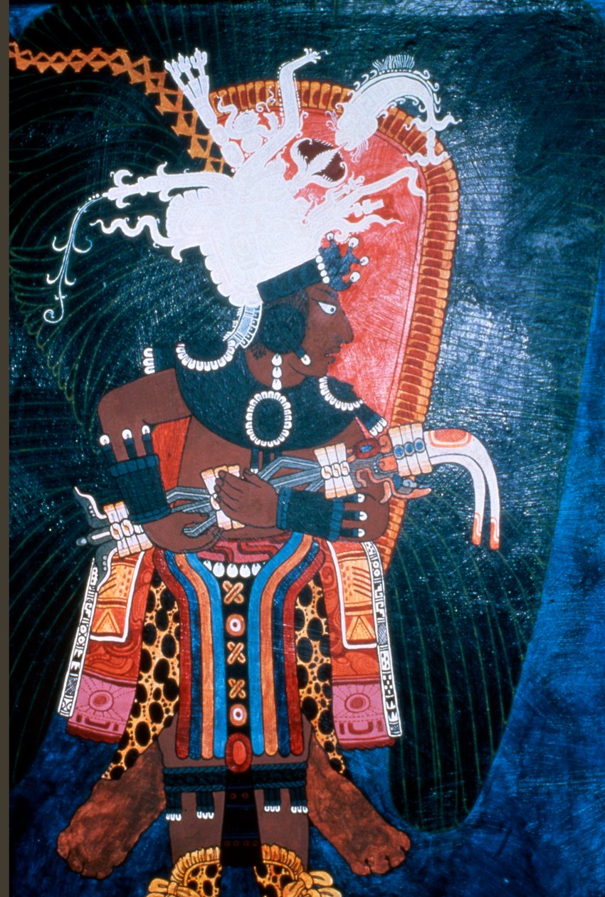 Reproduktion eines Wandgemäldes, das einen Herrscher in Zeremonialkleidung zeigt, aus dem Tempel der Wandgemälde, Bonampak von Mayan