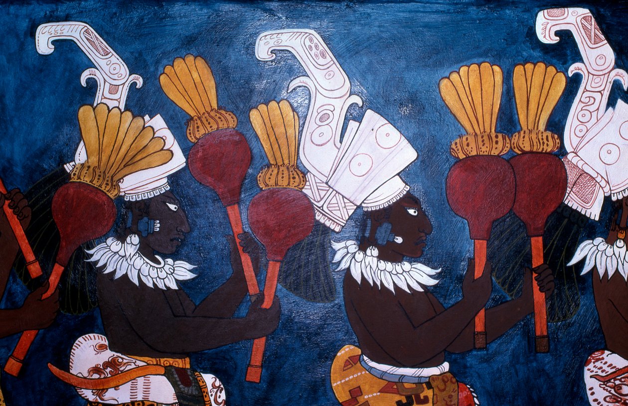 Reproduktion eines Wandgemäldes, das Musiker mit Rasseln während einer Zeremonie zeigt, aus dem Tempel der Wandgemälde, Bonampak von Mayan