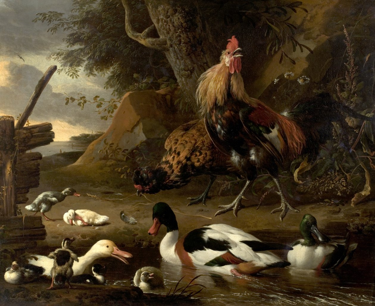 Zwei Hühner und Enten an einem Teich von Melchior de Hondecoeter