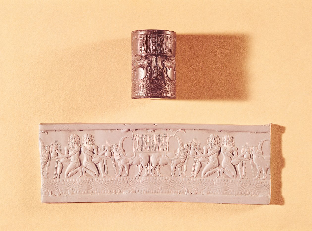 Akkadischer Zylindersiegel und Abdruck von Shar-kali-sharri (ca. 2217-ca. 2193 v. Chr.) König von Akkad, Mesopotamien, ca. 2340-2100 v. Chr. von Mesopotamian