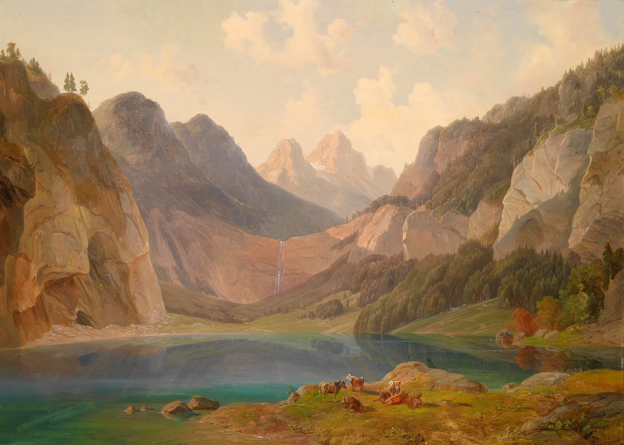 Gebirgslandschaft mit ruhender Tierherde im Vordergrund von Michael Lueger