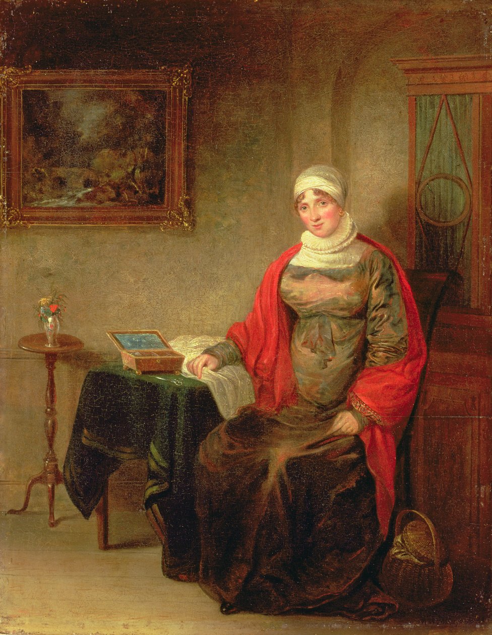 Porträt von Mrs. John Crome, sitzend an einem Tisch mit einer offenen Arbeitsbox von Michael William Sharp