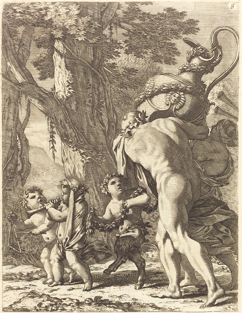 Bacchanal mit Figuren, die eine Vase tragen von Michel Dorigny