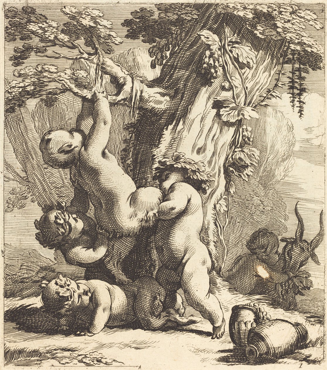 Putti und Faune klettern an einer Weinrebe von Michel Dorigny