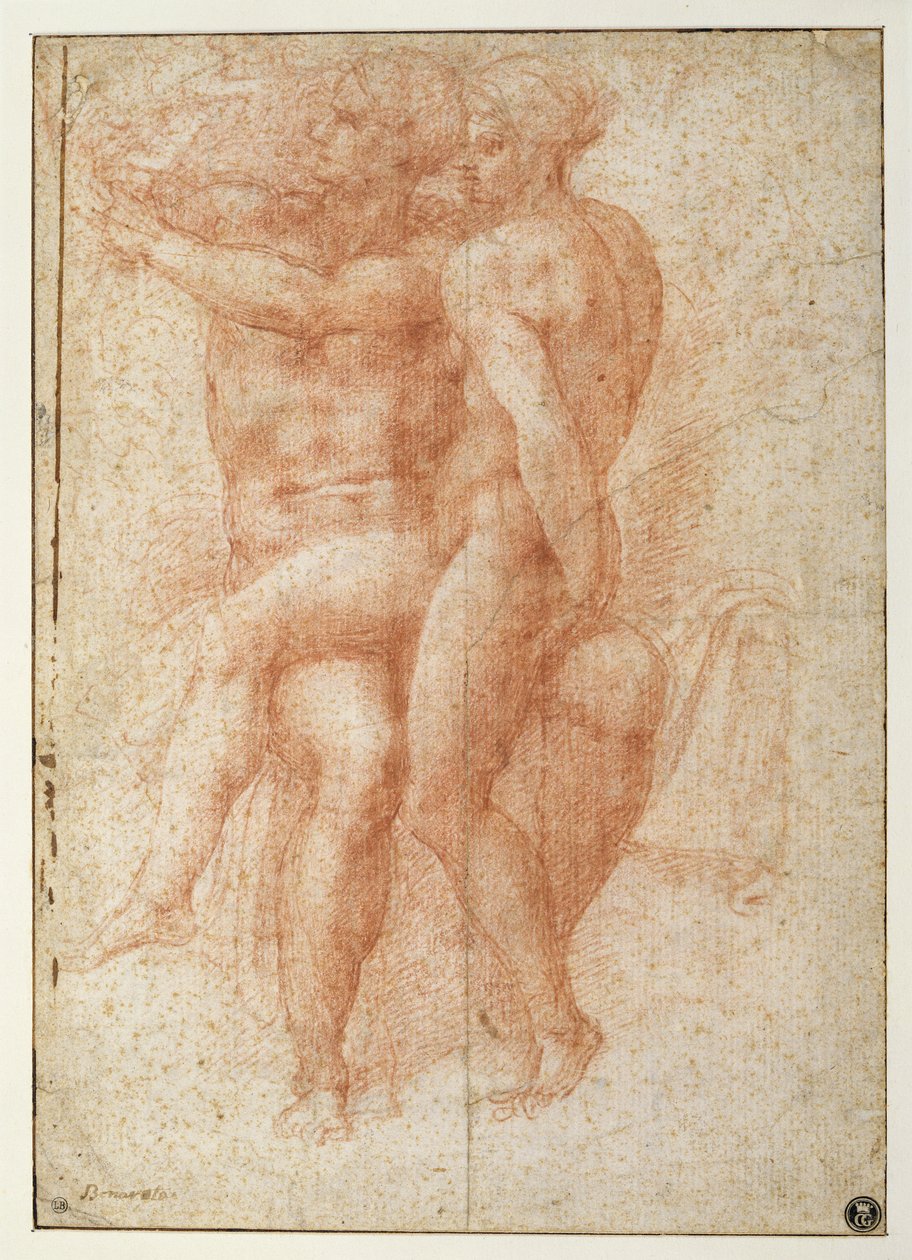 Nackte Frau sitzt auf den Knien eines sitzenden nackten Mannes: Adam und Eva von Michelangelo Buonarroti