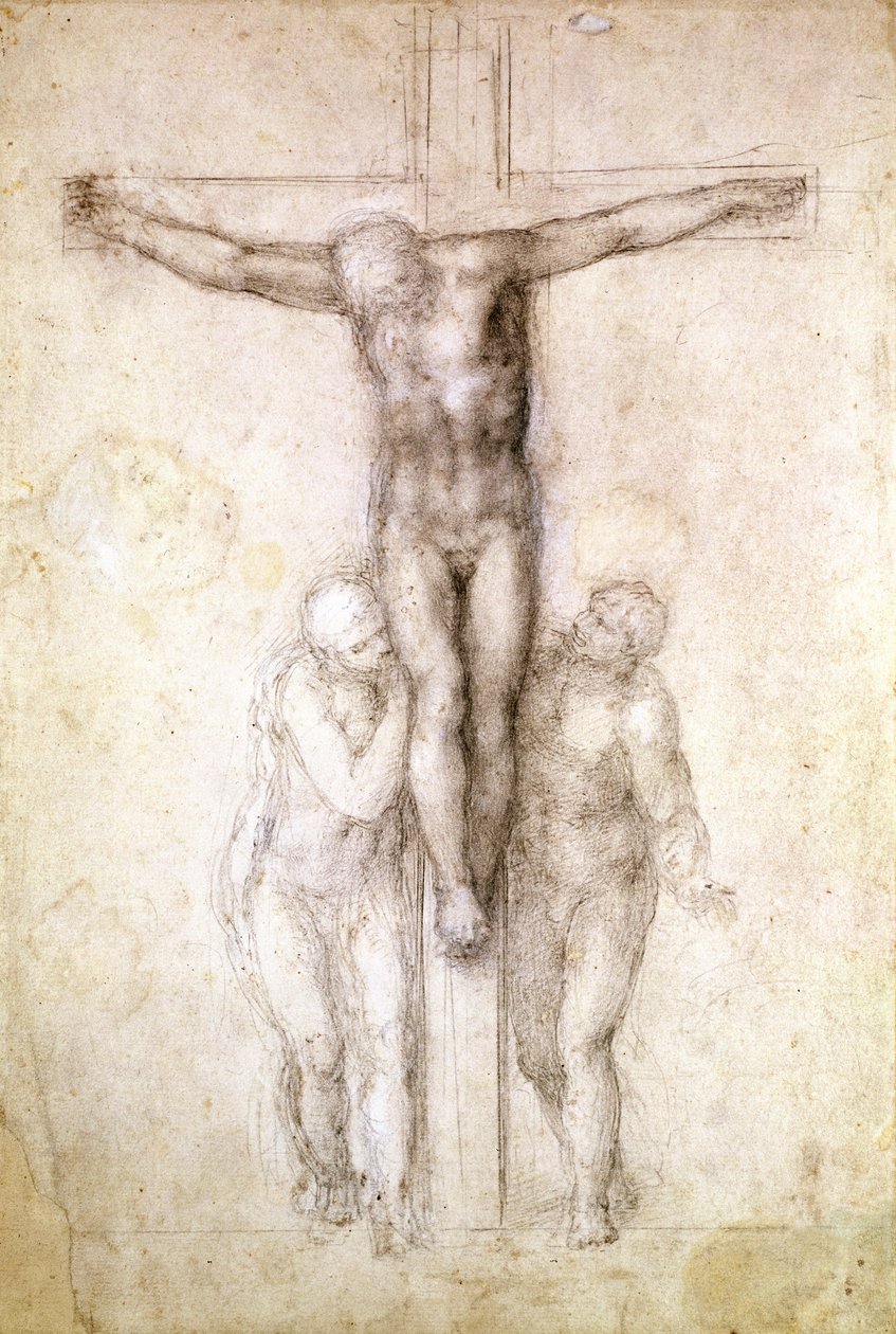 Studie von Christus am Kreuz zwischen der Jungfrau und St. Johannes dem Evangelisten von Michelangelo Buonarroti