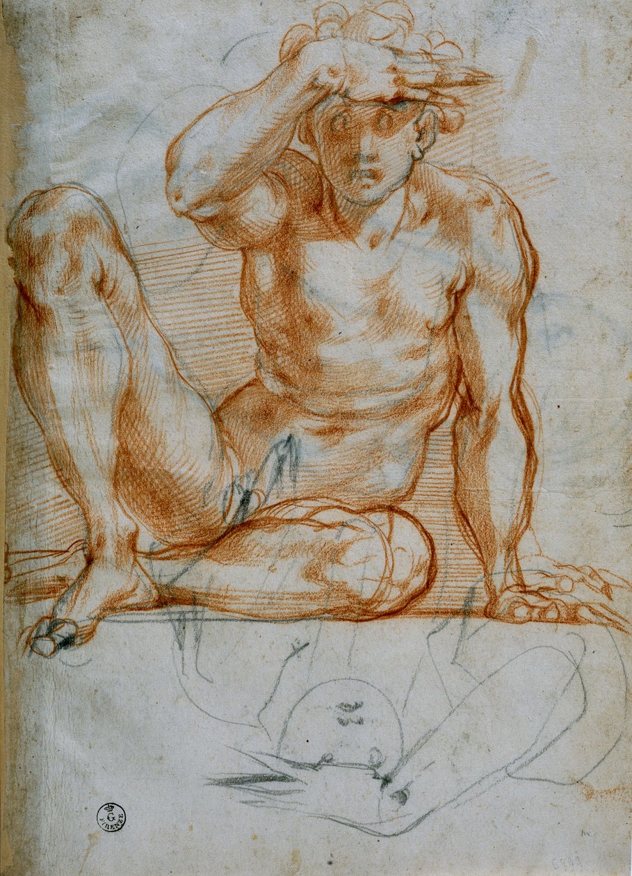 Studie eines Aktes, der mit seiner Hand einen Schatten wirft von Michelangelo Buonarroti