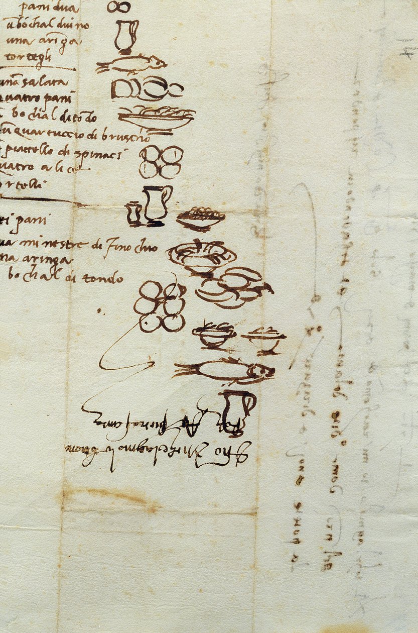 Drei verschiedene Listen von Lebensmitteln, beschrieben mit Ideogrammen, 1518 von Michelangelo Buonarroti
