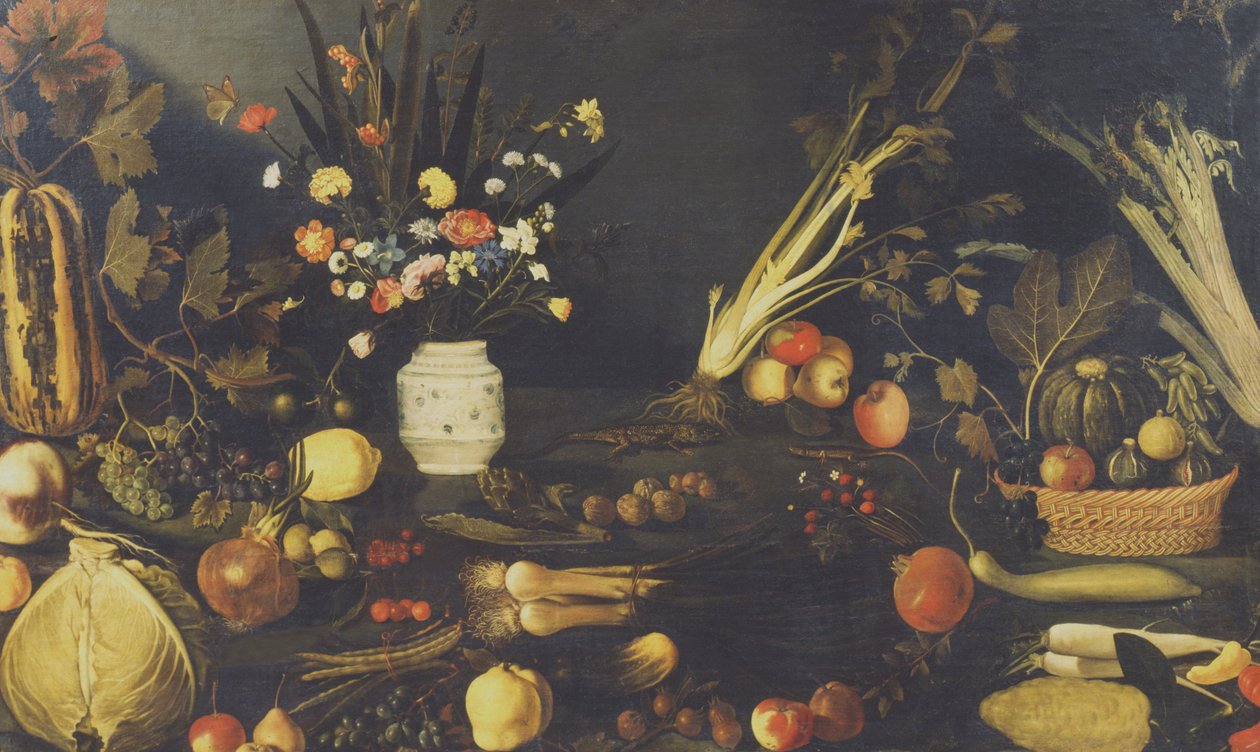 Stillleben mit Blumen, Obst und Gemüse, um 1594 von Michelangelo Merisi Caravaggio