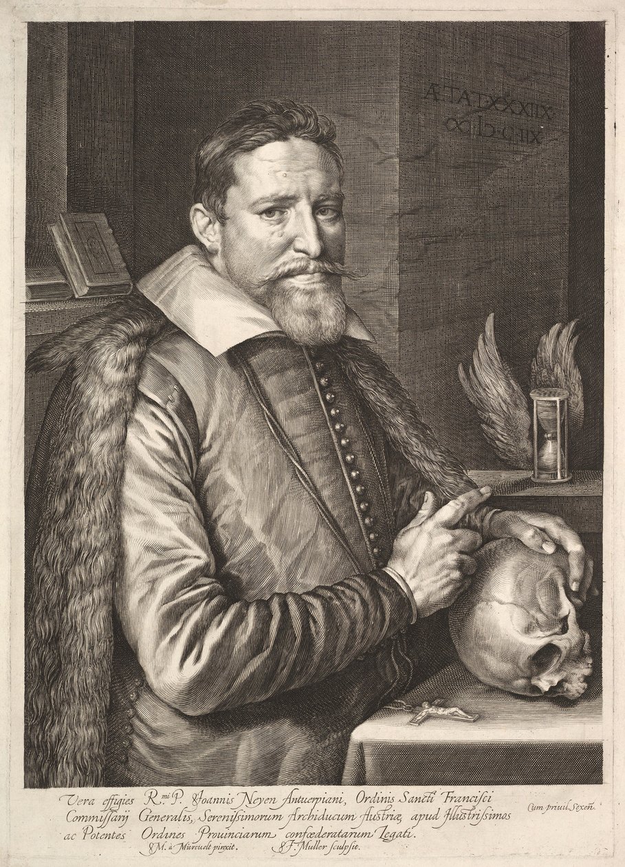 Porträt von Johannes Neyen, General des Ordens der Franziskaner, Botschafter in Trier, veröffentlicht 1608 von Michiel Jansz. van after Mierevelt