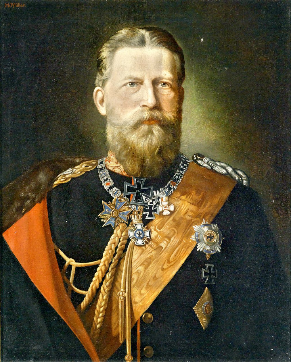 Kaiser Friedrich III., König von Preußen; Porträt in Feldmarschallsuniform mit Ordensschmuck von Minna Pfüller