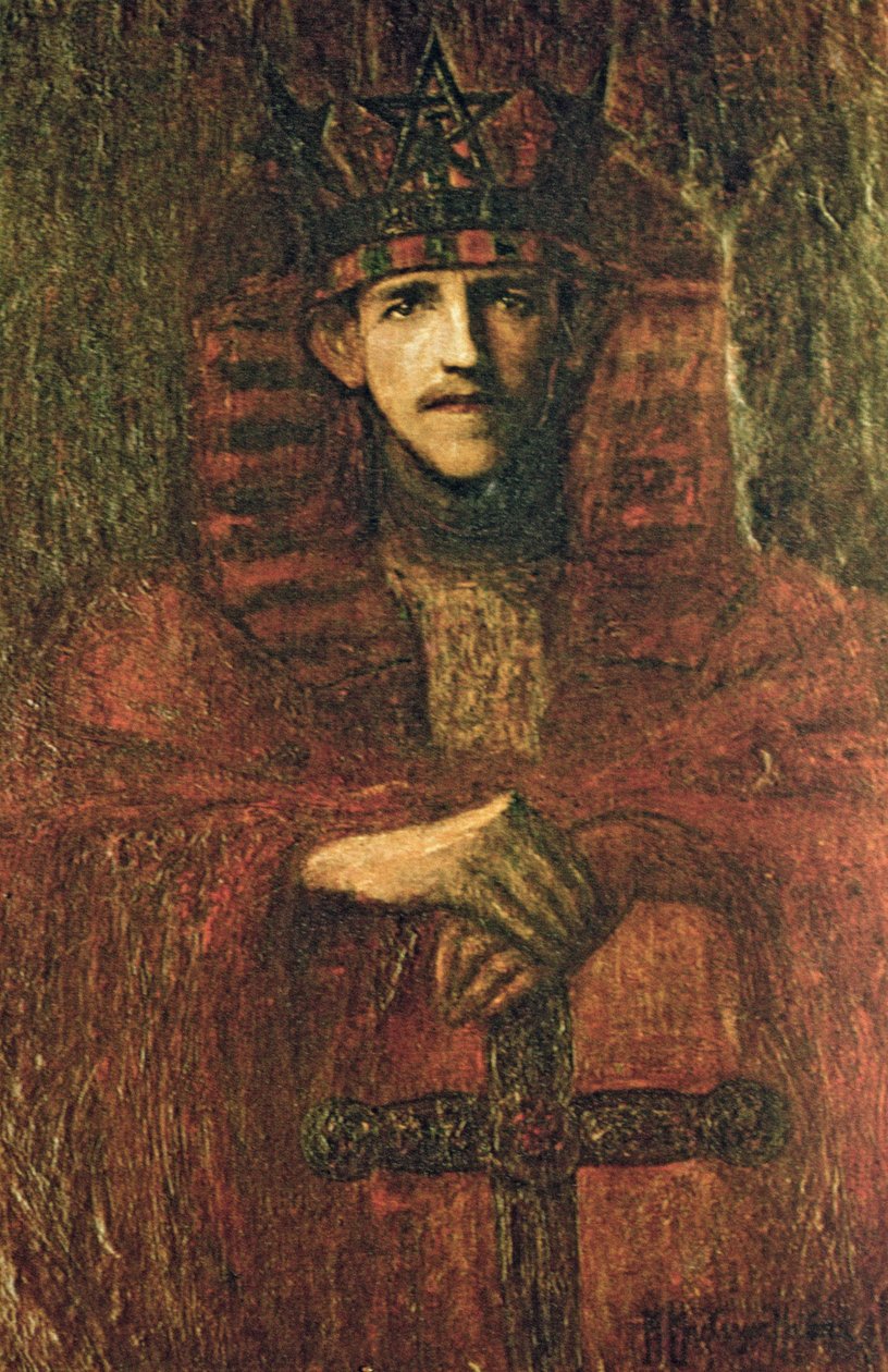 Samuel Liddell MacGregor Mathers (1854-1918) in zeremonieller Kleidung im Zusammenhang mit Ritualmagie, ca. 1895 von Moina Mathers