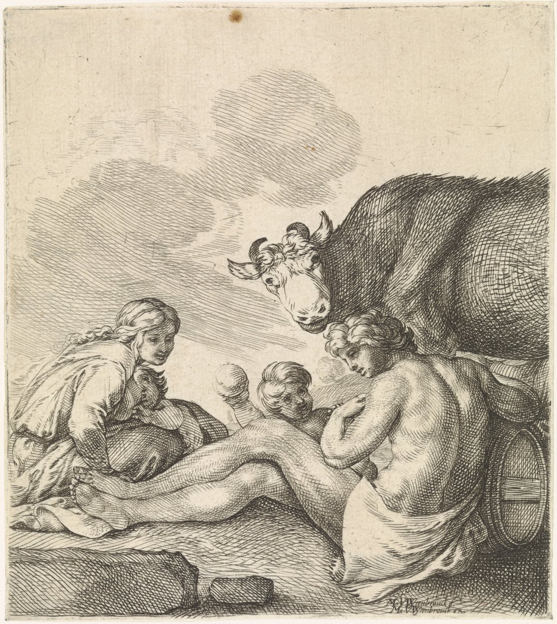 Rastende Familie bei einer Kuh von Moyses van Wtenbrouck