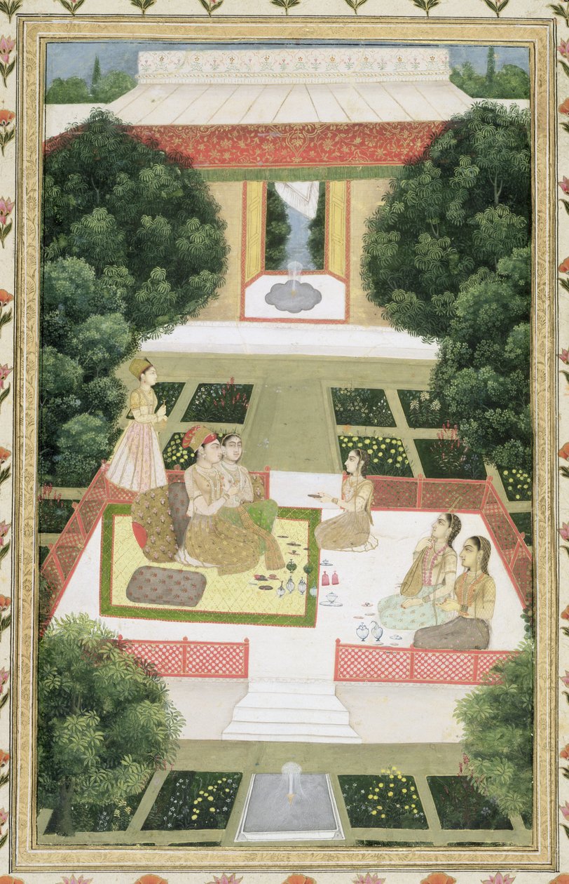 Ein Paar im Garten hört Musik mit weiblichen Begleitern, aus dem Small Clive Album von Mughal School