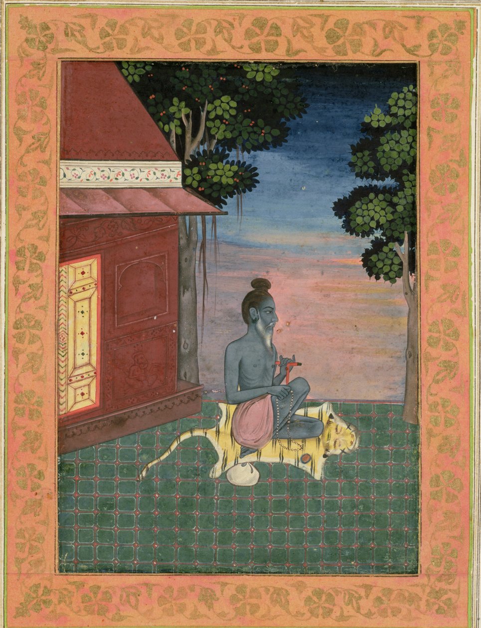 Gealterter Asket sitzt auf einem Tigerfell vor einem Gebäude, aus dem Großen Clive-Album, ca. 1670 von Mughal School