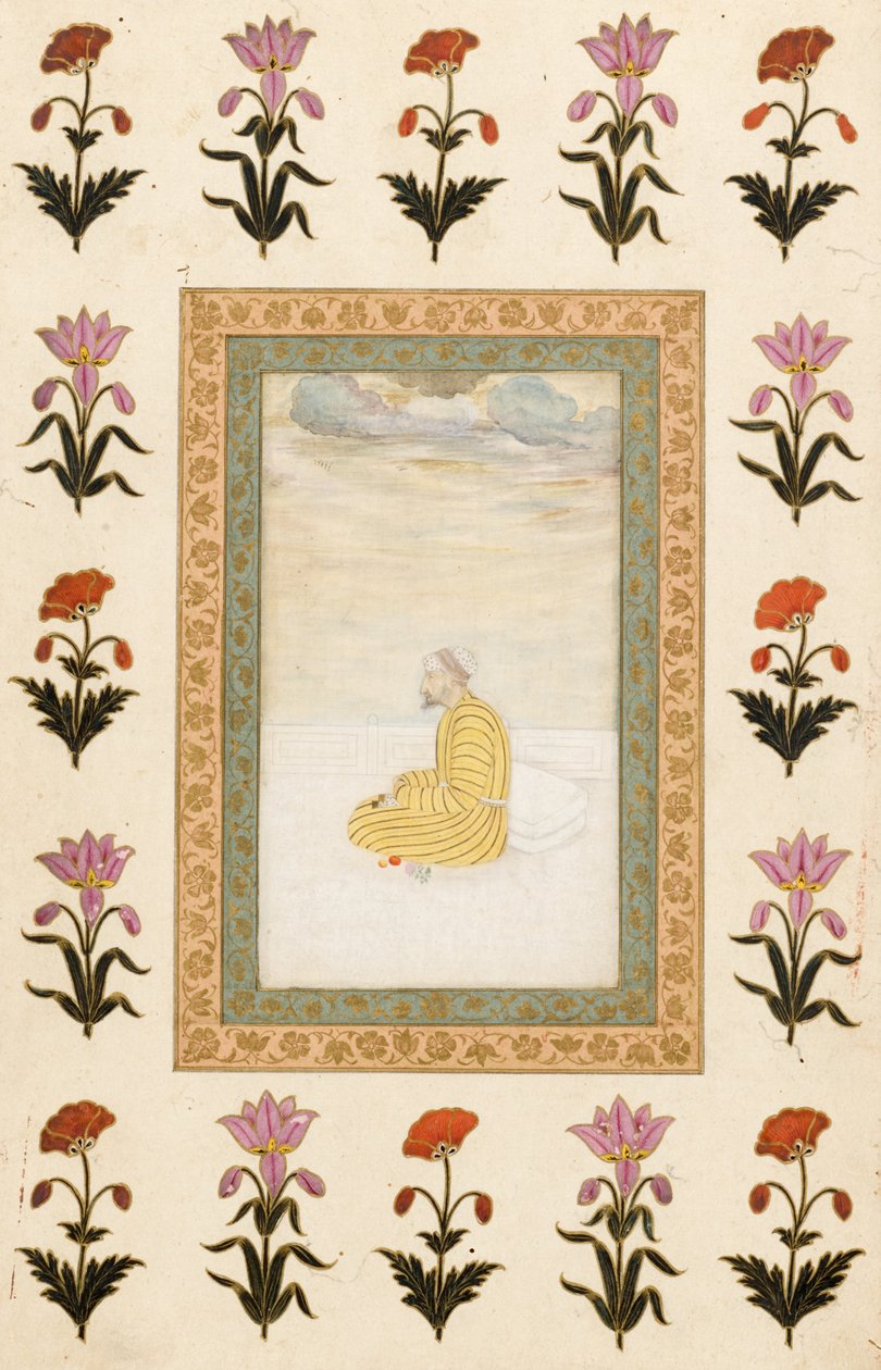 Nachdenklicher Mann auf einer Terrasse sitzend, 1674-1675 von Mughal School