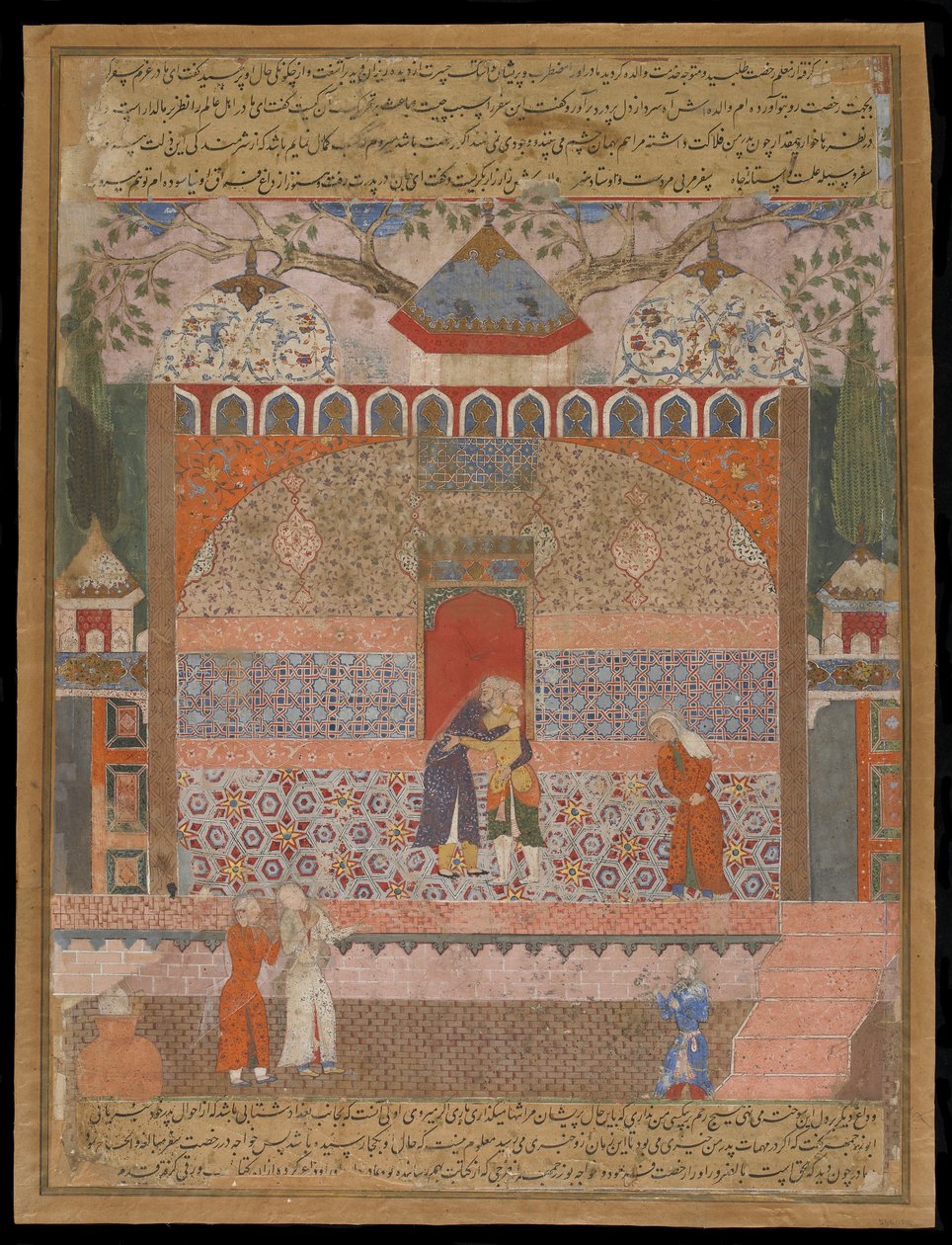 Khawja Buzurjmihr verabschiedet sich von seiner alten Mutter, um in die Welt hinauszugehen und Wiedergutmachung zu suchen, aus dem Hamzanama, Manuskriptfolio, ca. 1560-65 von Mughal School