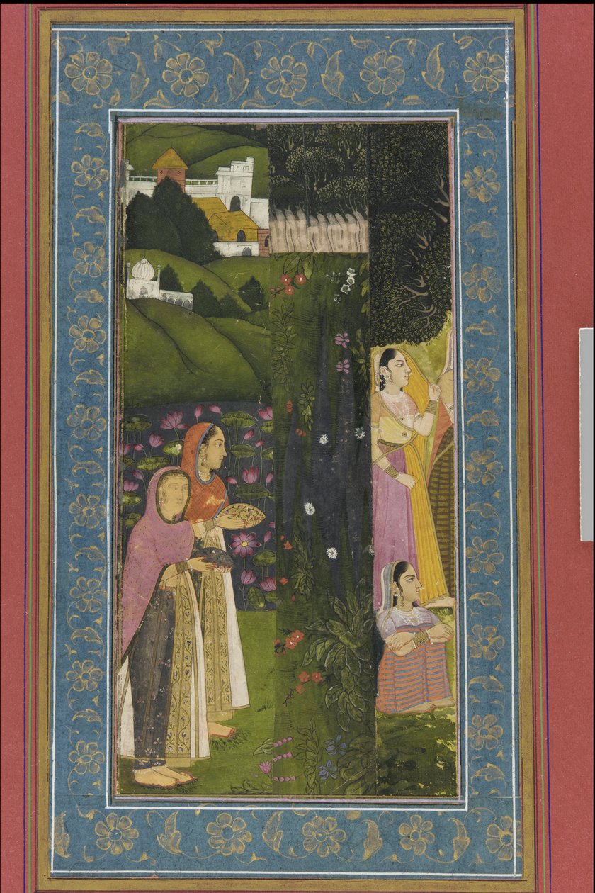 Damen in einem Garten, Albumblatt mit Malerei, spätes 18. Jahrhundert von Mughal School