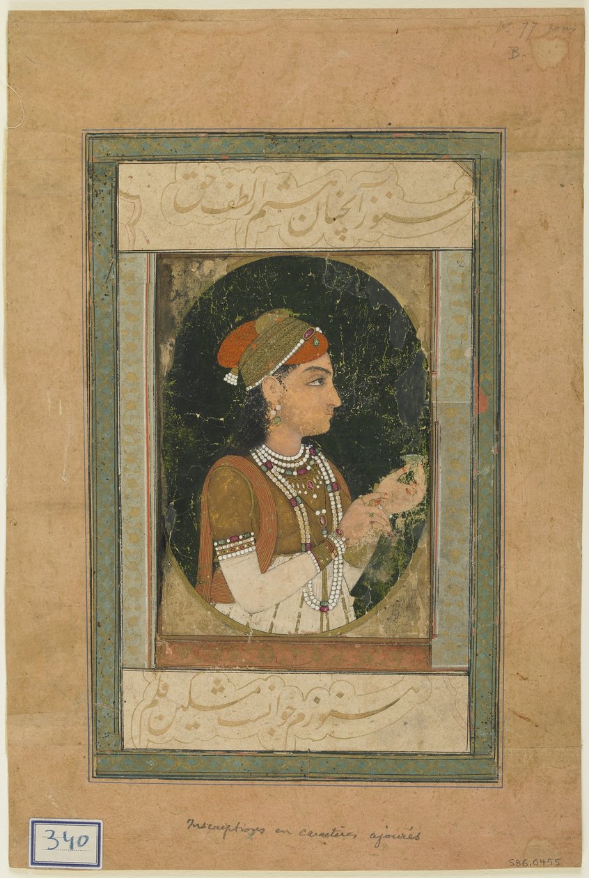 Porträt einer Prinzessin, Albumblatt mit Malerei, Mitte des 18. Jahrhunderts von Mughal School