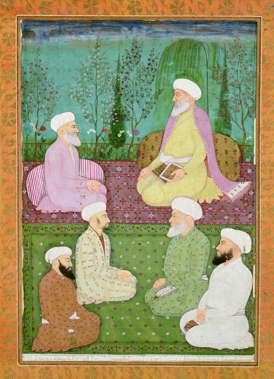 Sechs muslimische heilige Männer, die auf einer Gartenterrasse sitzen, aus dem Großen Clive-Album von Mughal School