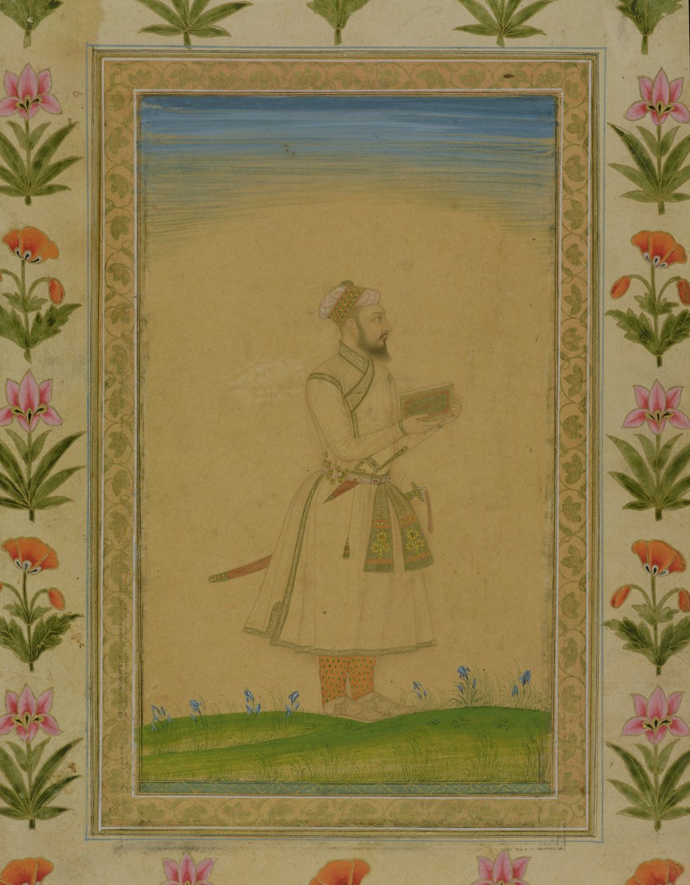 Stehende Figur eines Edelmanns, ein Buch haltend, aus dem Small Clive Album von Mughal School