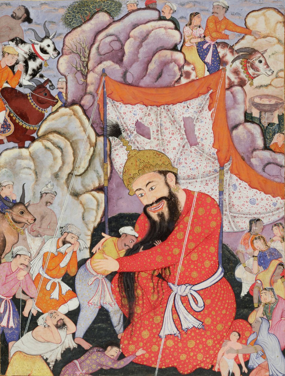 Zumurrud Shah erreicht den Fuß eines riesigen Berges und wird von Raim Bluttrinker und Yaqut Glänzend begleitet, 1557-72 von Mughal School
