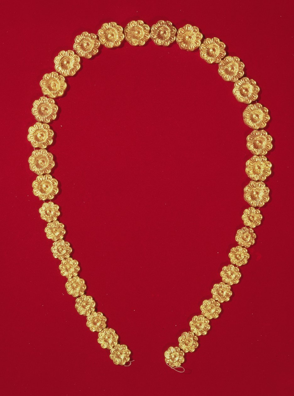 Halskette mit rosettenförmigen Reliefperlen, aus dem Tholos-Grab in Dendra, ca. 1400 v. Chr. von Mycenaean