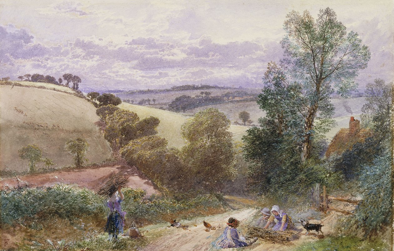 Figuren sammeln Zweige an einer Straße von Myles Birket Foster