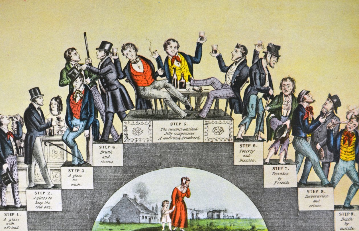 Der Fortschritt des Betrunkenen, vom ersten Glas bis zum Grab von N. and Ives, J.M. Currier