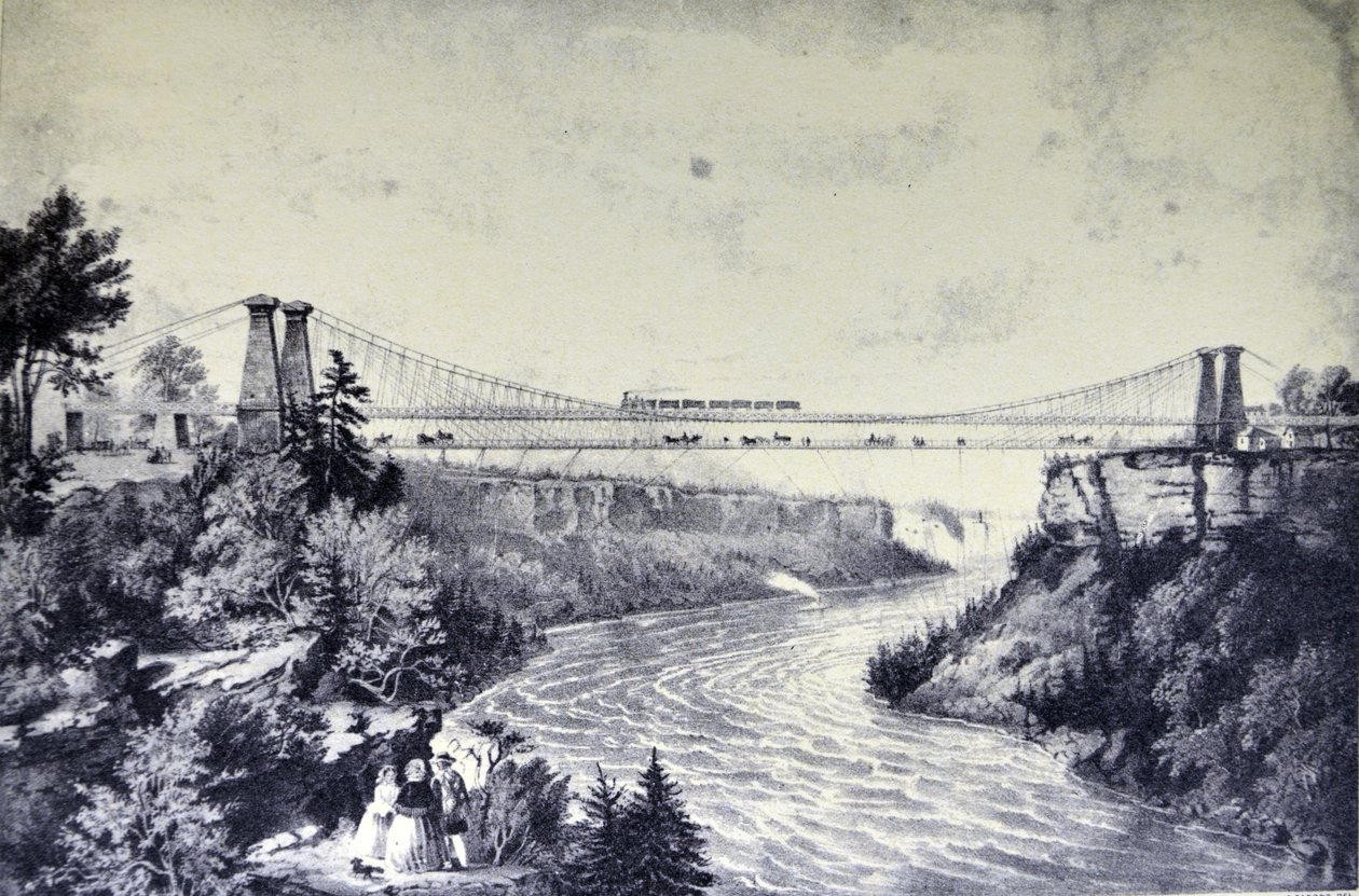 Die Eisenbahn-Hängebrücke, in der Nähe der Niagarafälle von N. and Ives, J.M. Currier