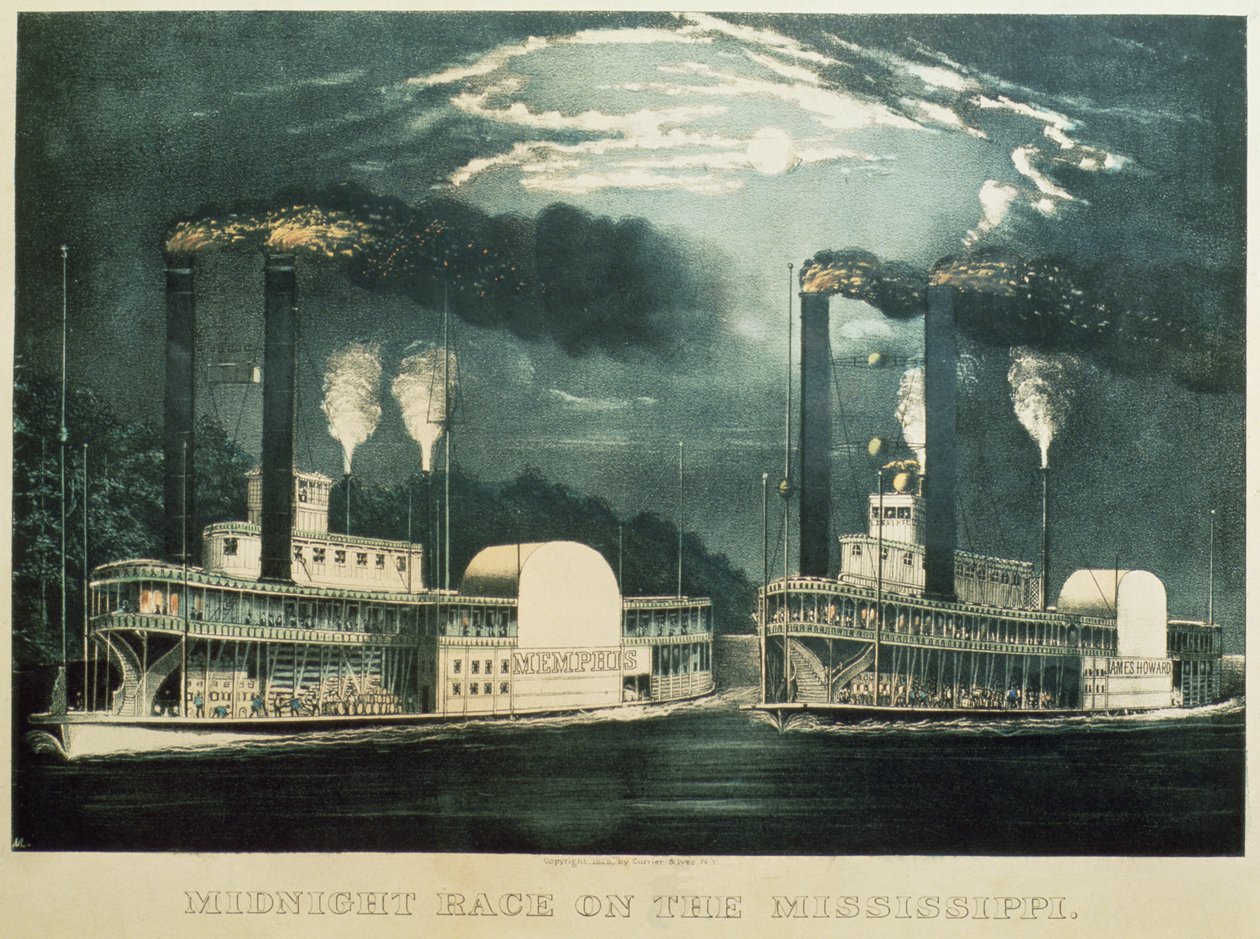 Mitternachtsrennen auf dem Mississippi, 1875 von N. and Ives, J.M. Currier