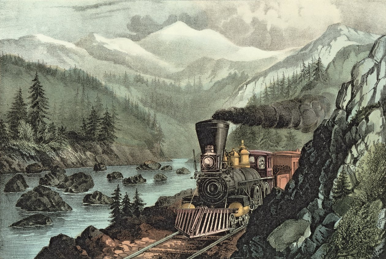 Die Route nach Kalifornien. Truckee River, Sierra Nevada. Central Pacific Railway, 1871 von N. and Ives, J.M. Currier