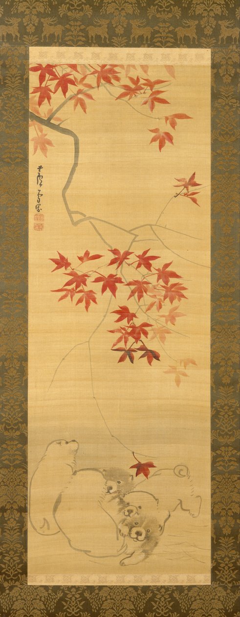 Welpen unter einem Ahornzweig von Nagasawa Rosetsu