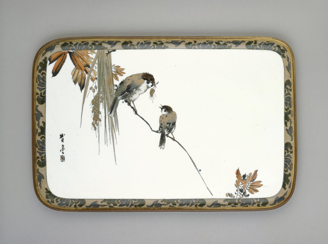 Tablett mit zwei Spatzen auf einem Ast, ca. 1880 von Namikawa Sosuke