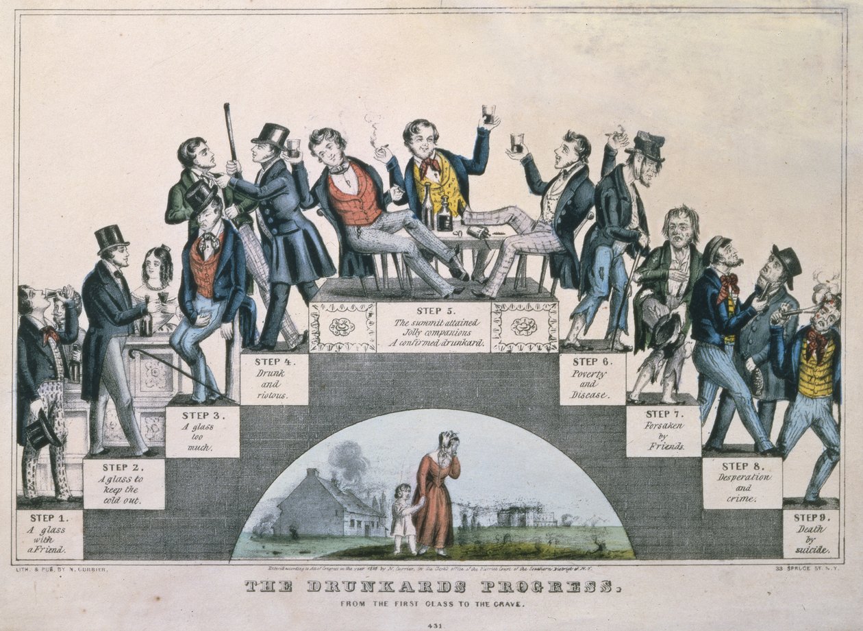 Der Fortschritt des Trinkers, vom ersten Glas bis zum Grab, 1848 von Nathaniel Currier