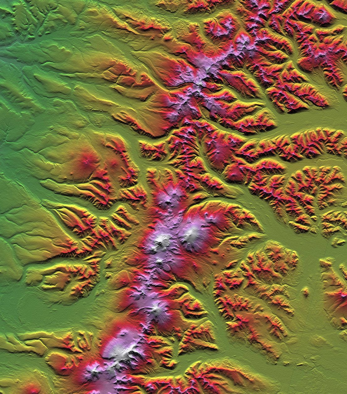 Sredinnyy Khrebet, Kamtschatka-Halbinsel, Russland, basierend auf einem vorläufigen Höhenmodell, erstellt aus den ersten Daten der Shuttle-Radar-Topographie-Mission. Wissenschaft Geologie von National Aeronautics and Space Administration National Aeronautics and Space Administration