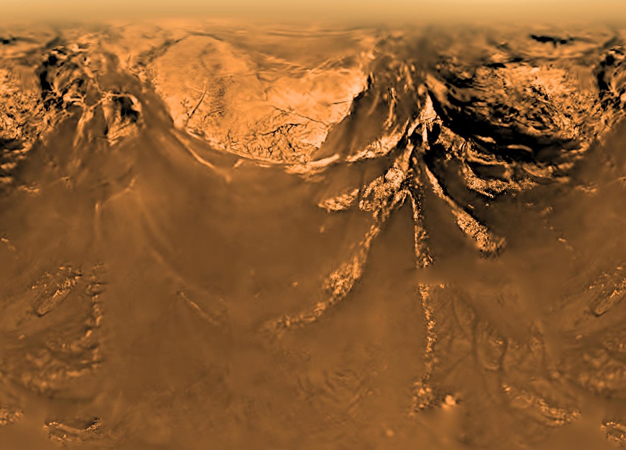 Bild der Oberfläche des Saturnmondes Titan, aufgenommen von der Huygens-Sonde, die von der Cassini-Raumsonde zu Titan gebracht wurde. von National Aeronautics and Space Administration National Aeronautics and Space Administration
