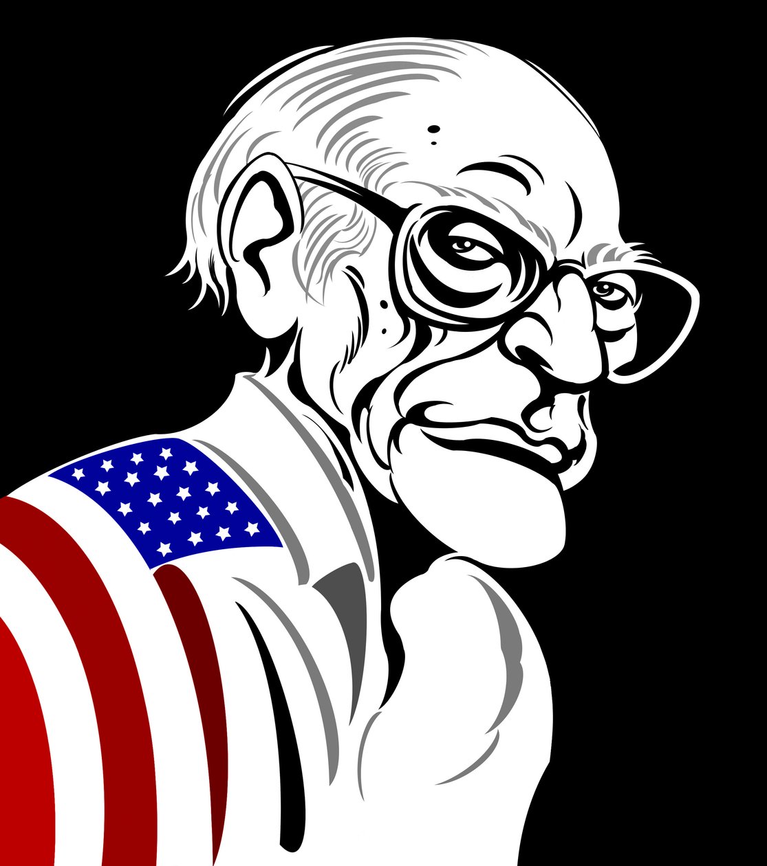 Arthur Miller, amerikanischer Dramatiker (1915-2005); Karikatur in Schwarz-Weiß und Farbe, in amerikanische Flagge gehüllt von Neale Osborne
