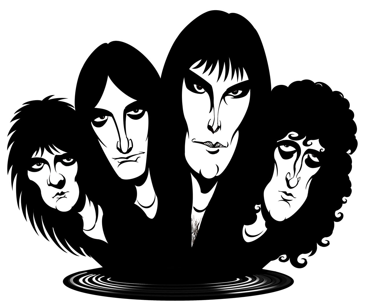 Britische Rockband, gegründet 1971; karikiert von links nach rechts: Roger Taylor (Schlagzeuger, Sänger, 26. Juli 1949 - von Neale Osborne