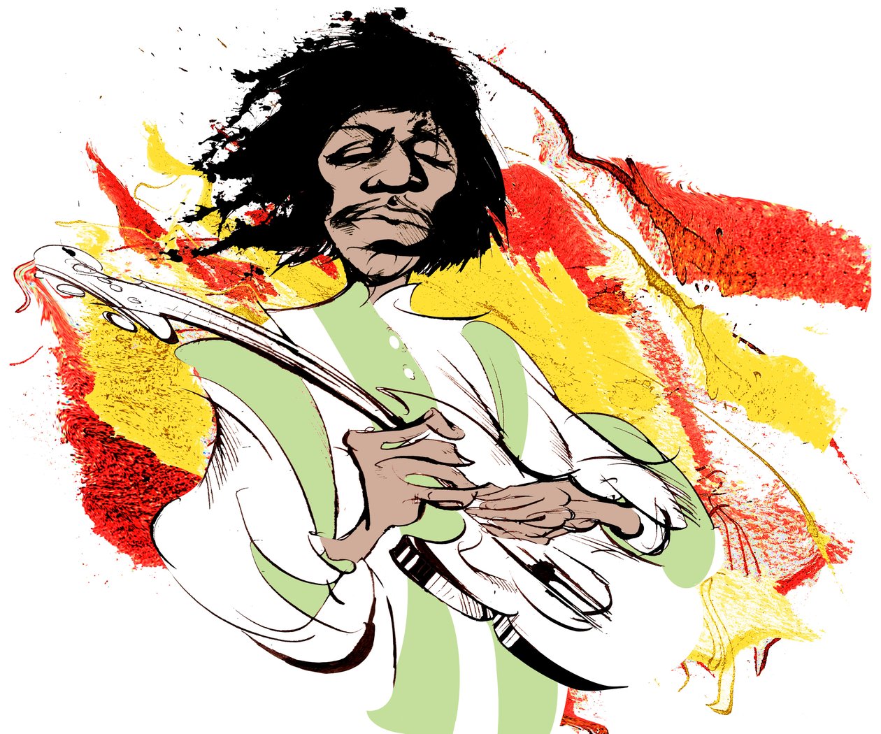 Jimi Hendrix, amerikanischer Gitarrist (1942-70), Farbkarikatur von Neale Osborne