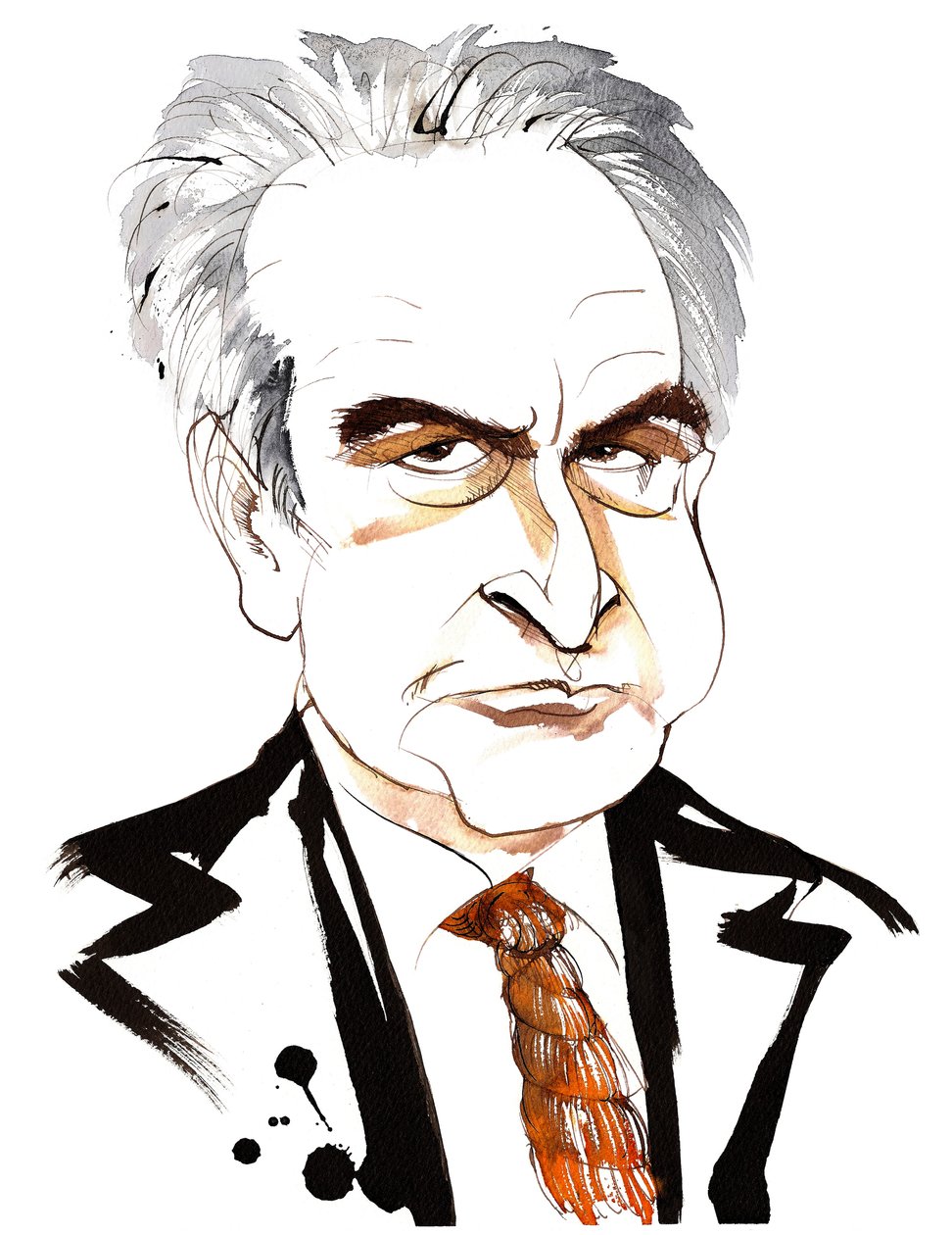 John Banville, irischer Romanautor und Drehbuchautor; Krimiautor unter dem Pseudonym Benjamin Black; Karikatur mit Schlingenkrawatte von Neale Osborne