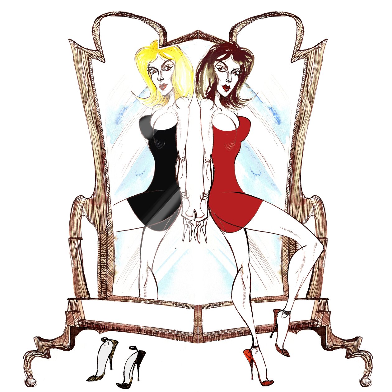 Sternzeichen: Zwillinge-Spiegelzwillinge aus einer Serie von Modekarikaturen, eines für jedes Sternzeichen von Neale Osborne