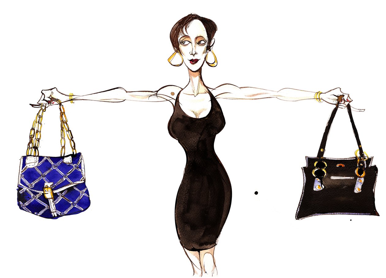 Sternzeichen: Waage balanciert Handtaschen aus einer Serie von Modekarikaturen, eines für jedes Sternzeichen von Neale Osborne