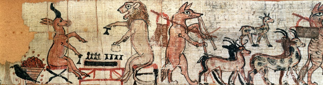 Das Satirische Papyrus, Detail von der linken Seite, das einen Löwen und eine Antilope zeigt, die das Senet-Spiel spielen, aus Theben, ca. 1100 v. Chr. von New Kingdom Egyptian