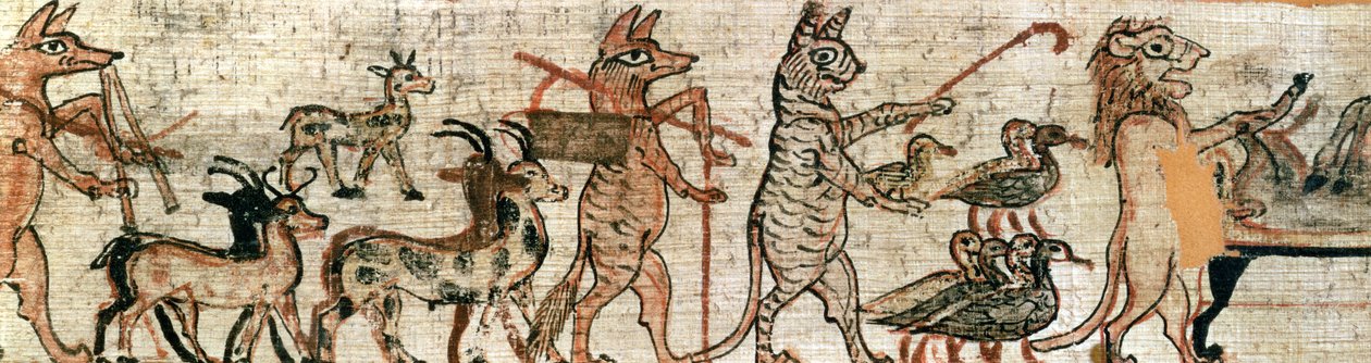 Das Satirische Papyrus, Detail von der rechten Seite, das eine Katze zeigt, die Gänse hütet, und einen Löwen, der einen Esel mumifiziert, aus Theben, ca. 1100 v. Chr. von New Kingdom Egyptian