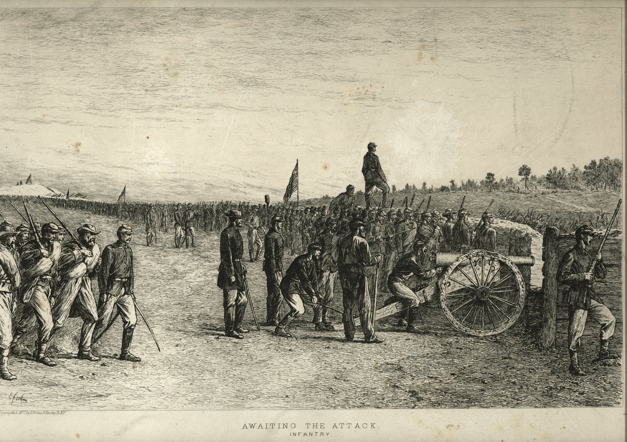 Warten auf den Angriff. Infanterie. von Edwin Austin Forbes